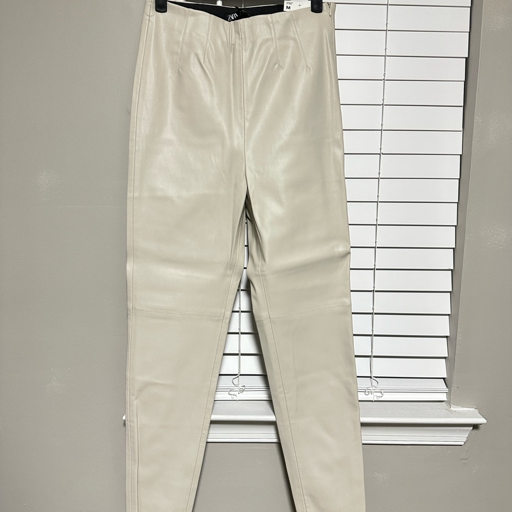 Zara Faux Leather Cream High-Waist Pants